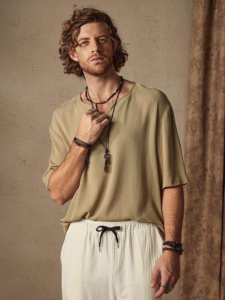 Camisa cómoda de algodón y lino en color liso