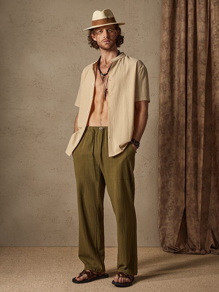 Camisa clásica casual de algodón y lino con cuello mao