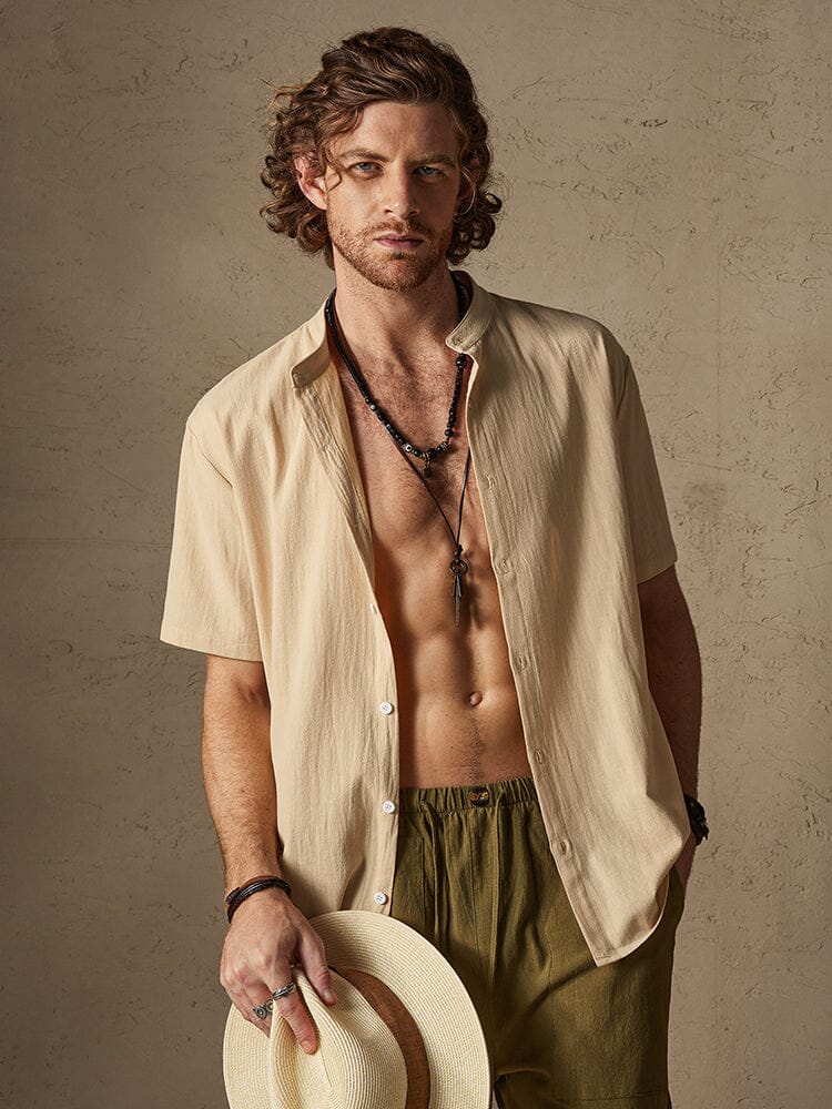Camisa clásica casual de algodón y lino con cuello mao