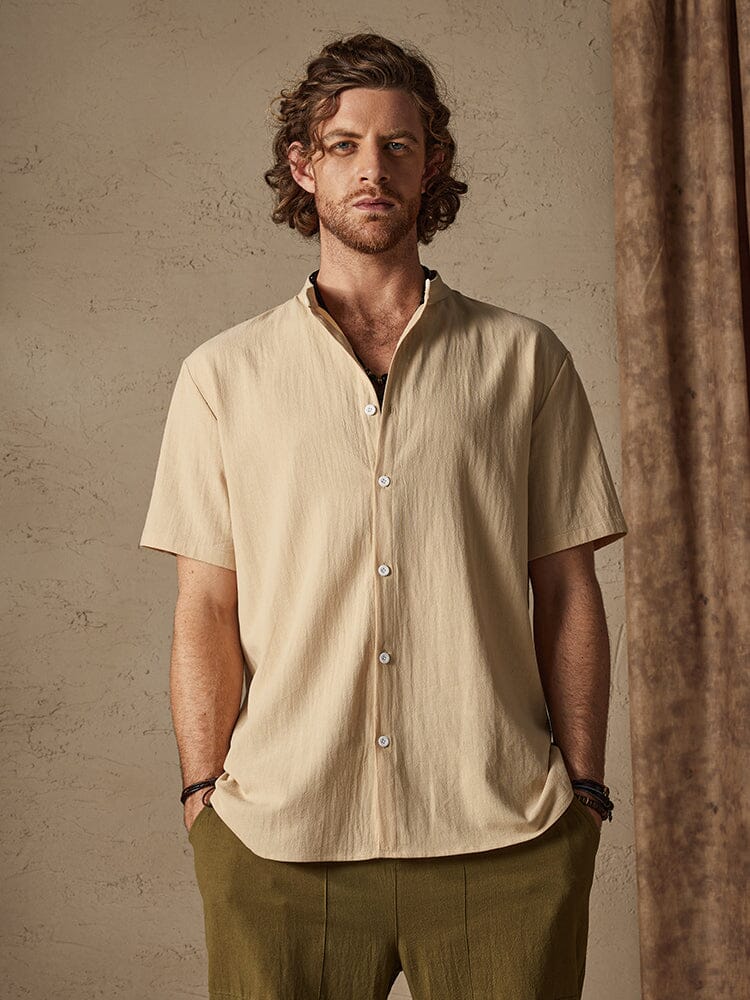 Camisa clásica casual de algodón y lino con cuello mao