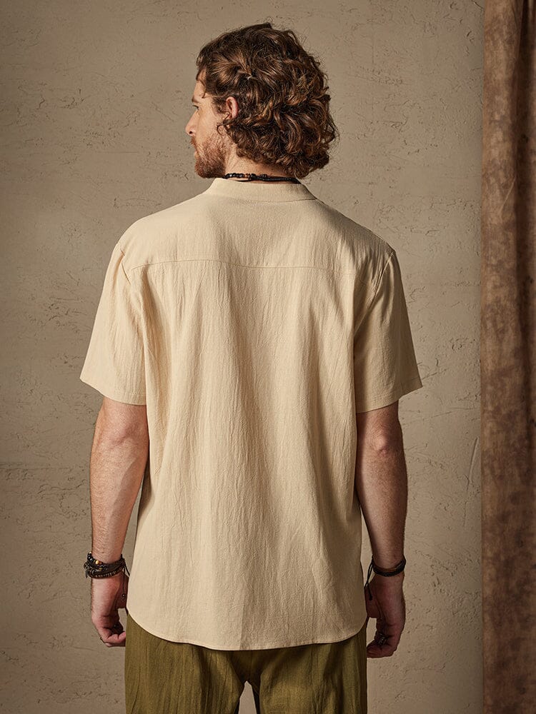 Camisa clásica casual de algodón y lino con cuello mao
