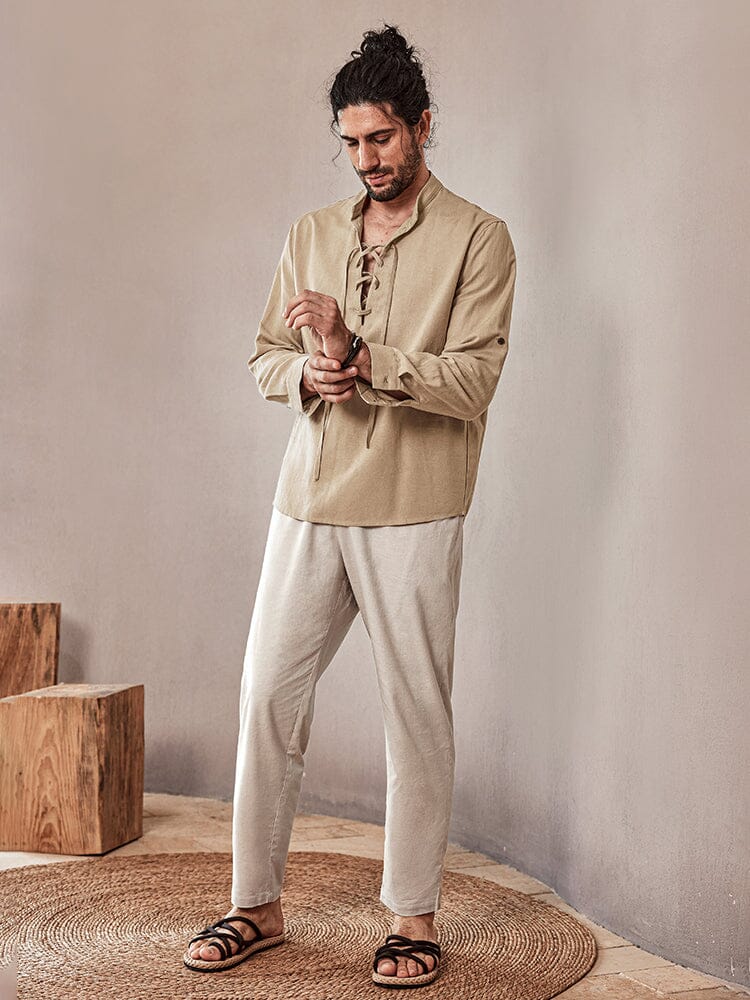 Camisa casual de mezcla de lino con cordón
