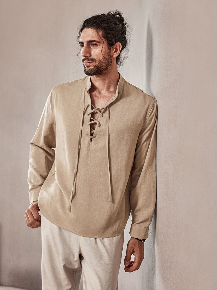 Camisa casual de mezcla de lino con cordón