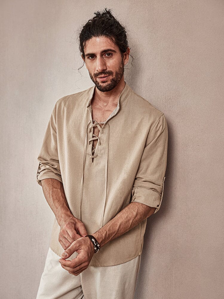 Camisa casual de mezcla de lino con cordón