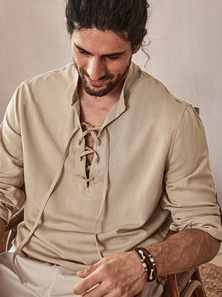 Camisa casual de mezcla de lino con cordón