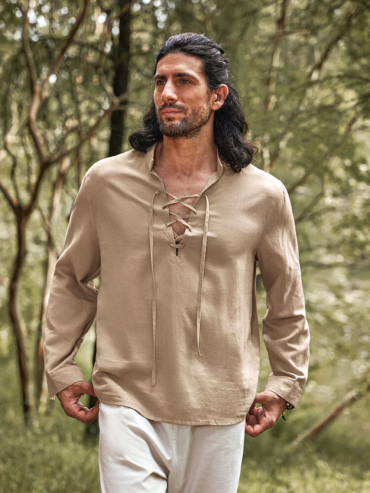 Camisa casual de mezcla de lino con cordón