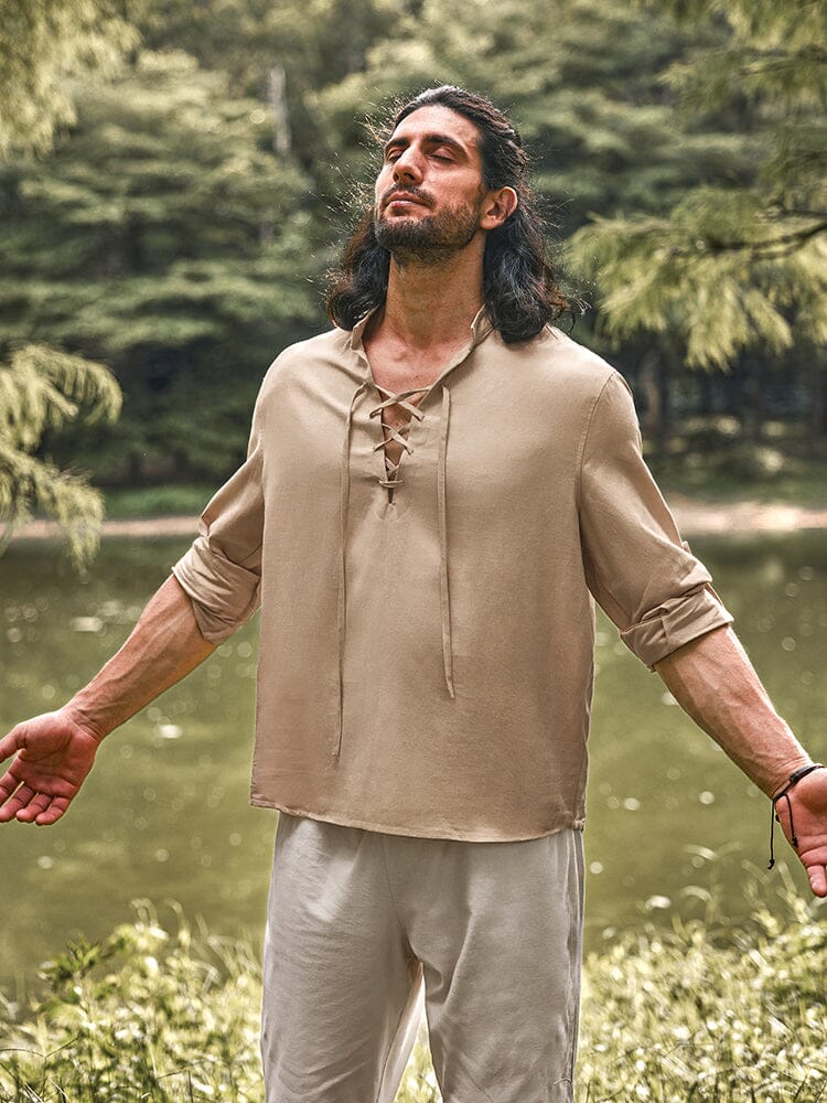 Camisa casual de mezcla de lino con cordón