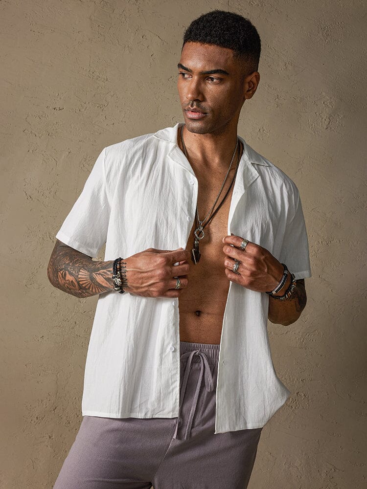 Camisa casual clásica de algodón y lino con botones