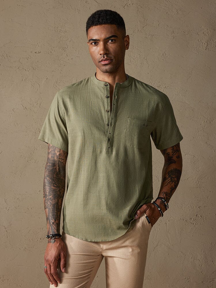 Camisa cómoda de algodón y lino con medio botón