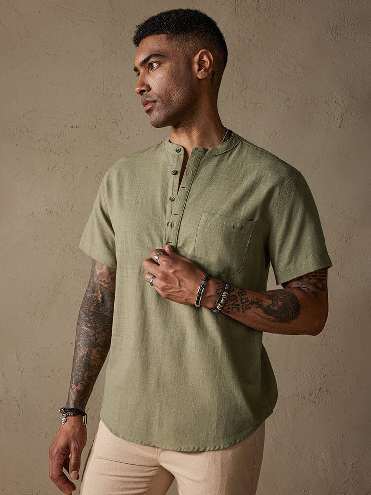 Camisa cómoda de algodón y lino con medio botón