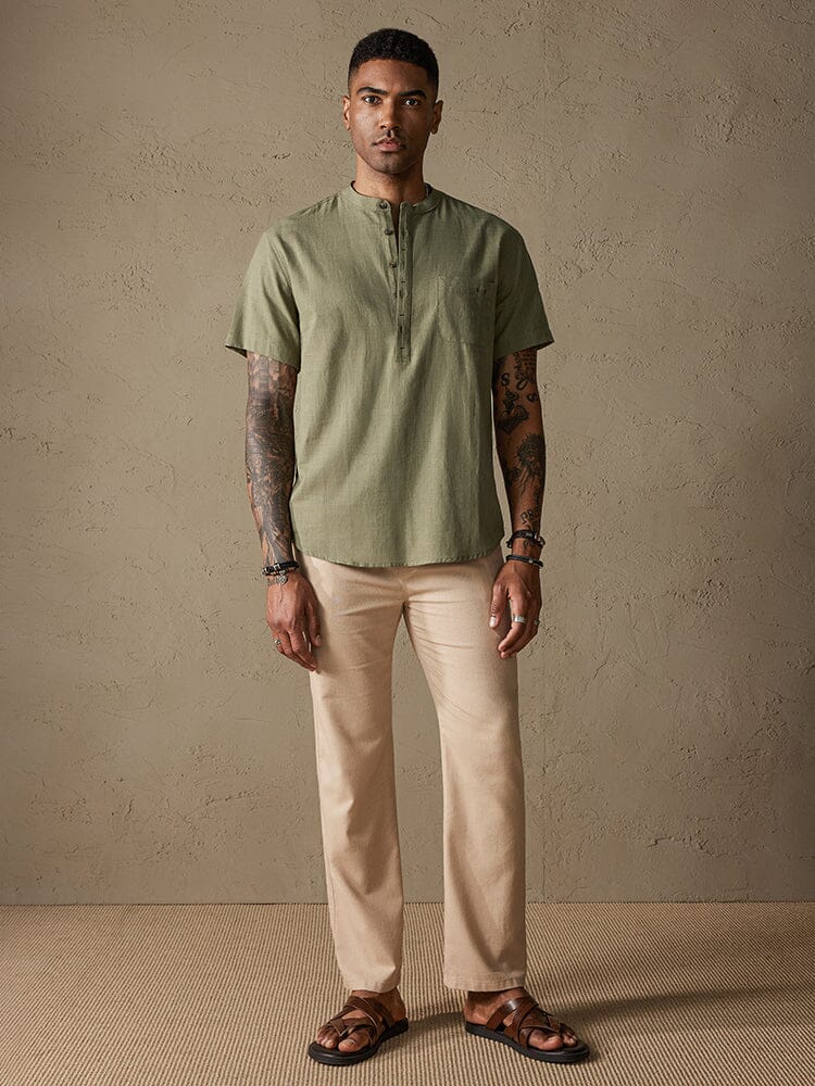 Camisa cómoda de algodón y lino con medio botón