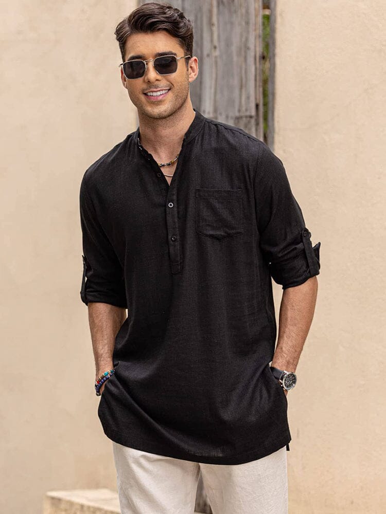 Camisa henley de manga larga de lino con bolsillo