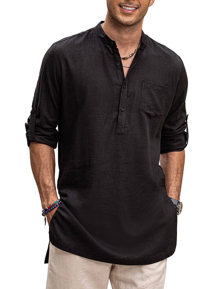 Camisa henley de manga larga de lino con bolsillo