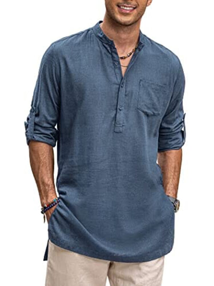 Camisa henley de manga larga de lino con bolsillo