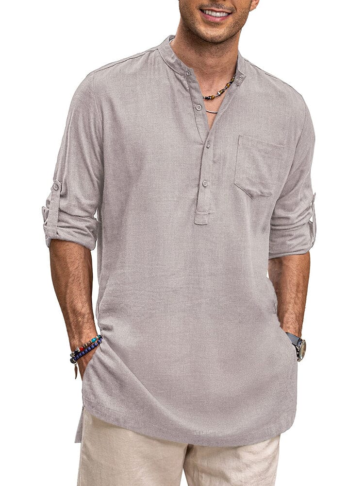 Camisa henley de manga larga de lino con bolsillo
