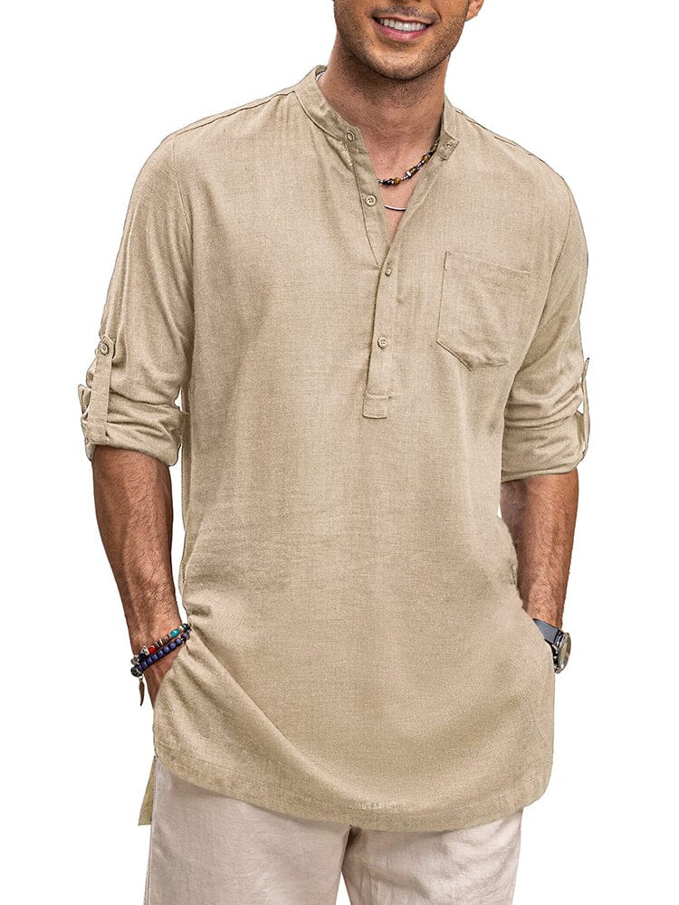 Camisa henley de manga larga de lino con bolsillo