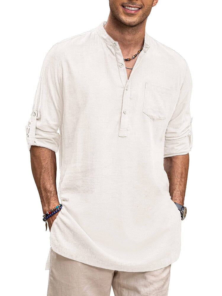 Camisa henley de manga larga de lino con bolsillo