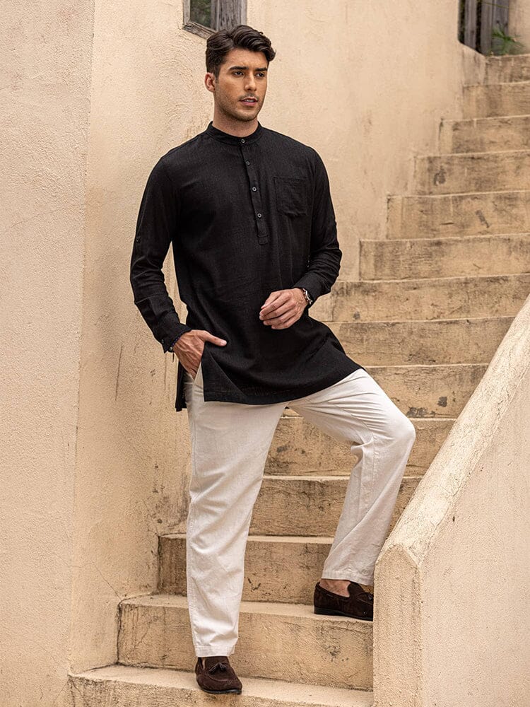 Camisa henley de manga larga de lino con bolsillo