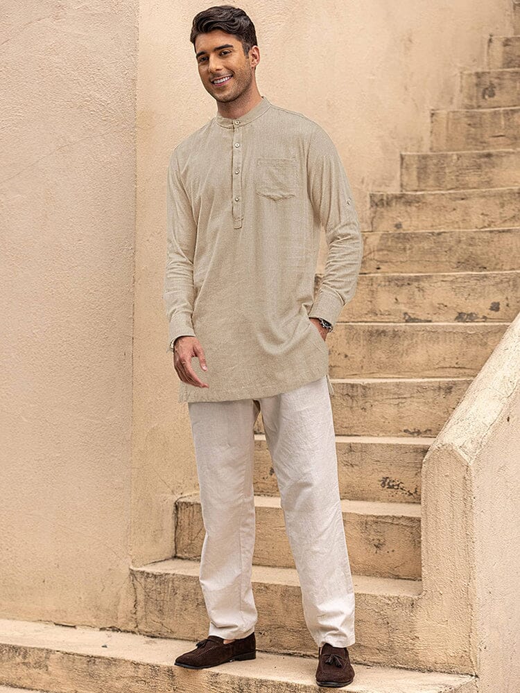 Camisa henley de manga larga de lino con bolsillo