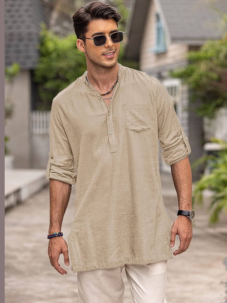 Camisa henley de manga larga de lino con bolsillo