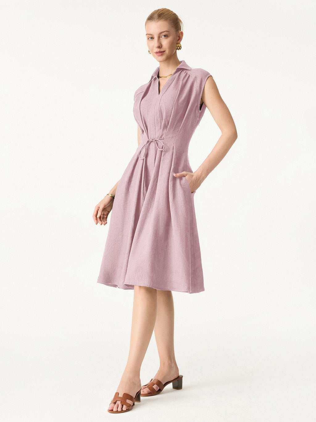 Vestido midi de cuello en V con cordón ajustable en la cintura
