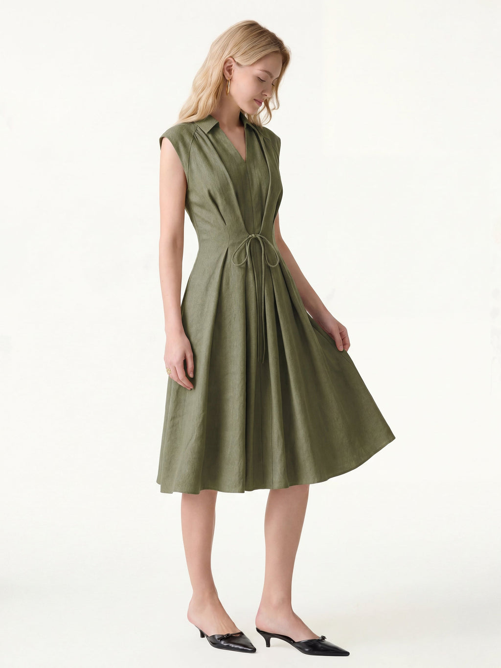 Vestido midi de cuello en V con cordón ajustable en la cintura