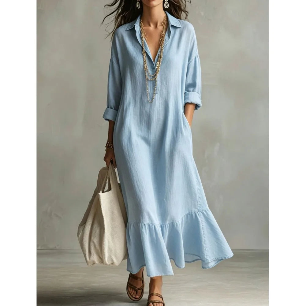 Vestido maxi Claire de lino con cuello solapa