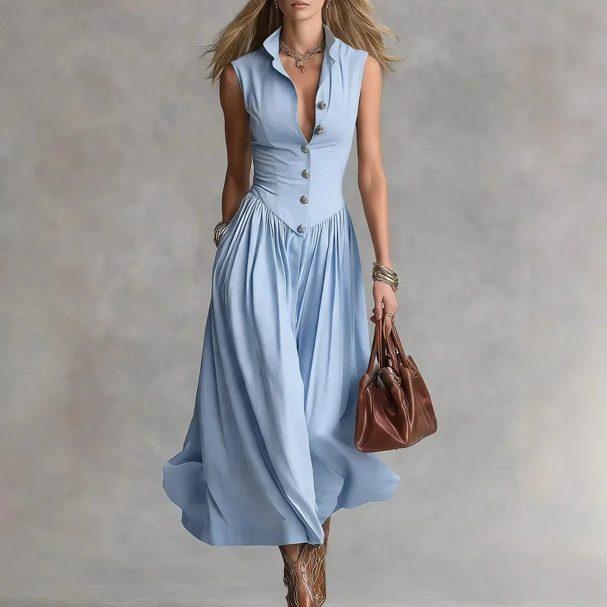 Vestido maxi entallado de lino con botones