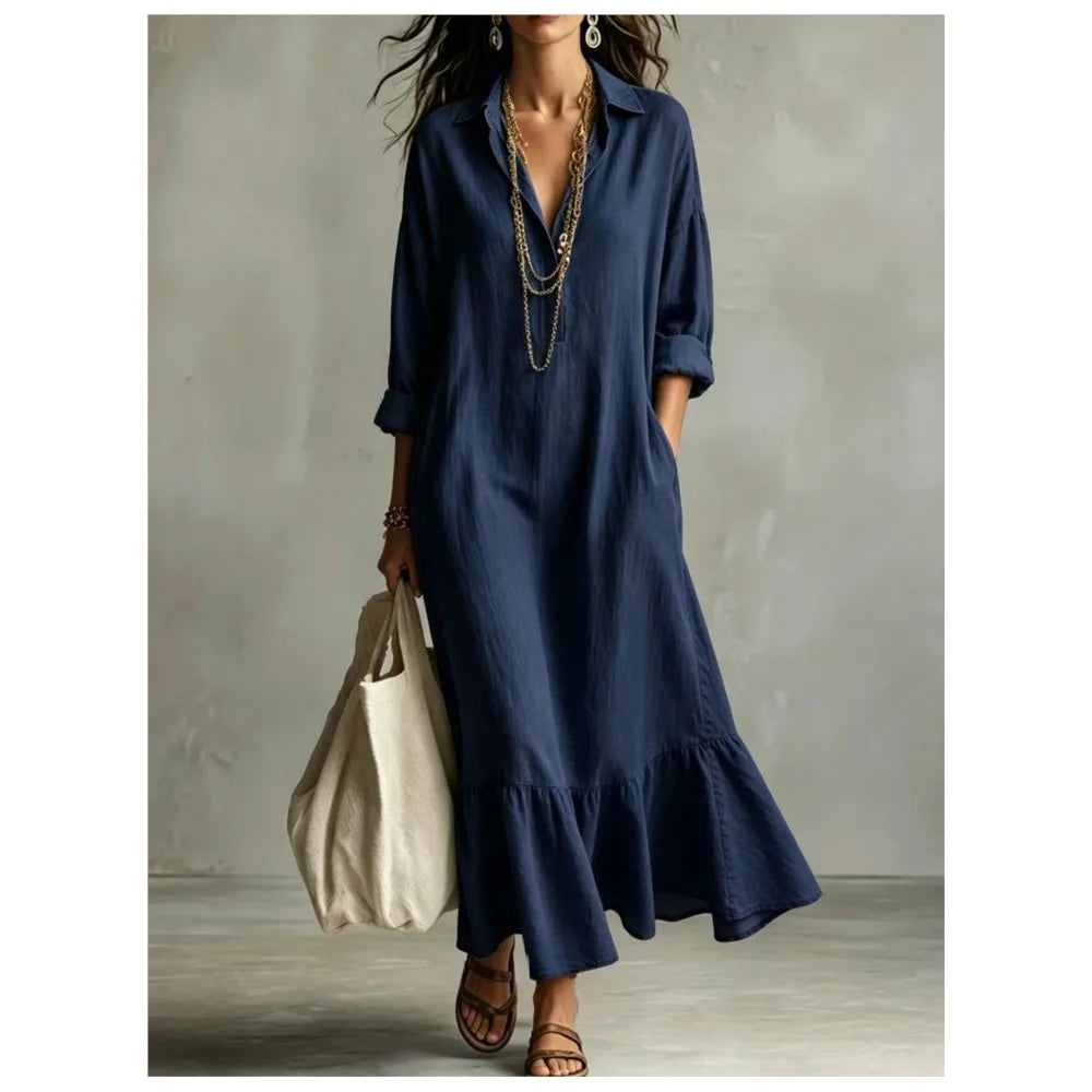 Vestido maxi Claire de lino con cuello solapa