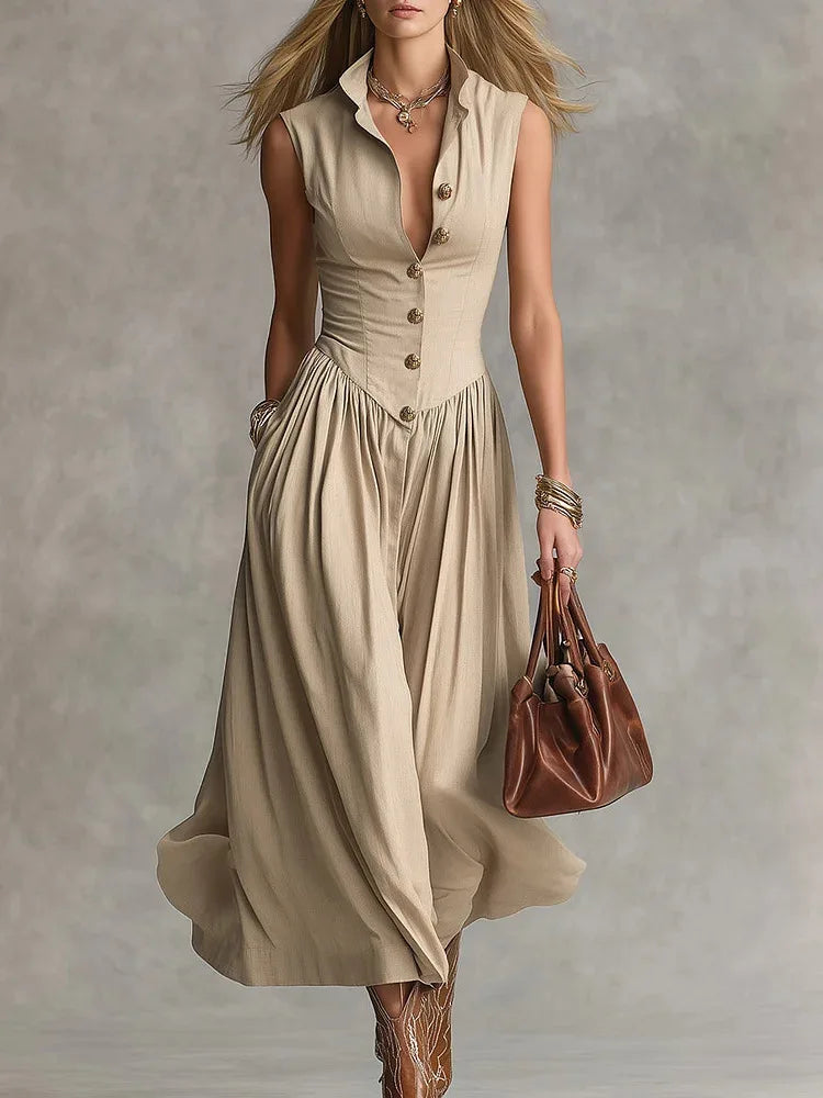 Vestido maxi entallado de lino con botones