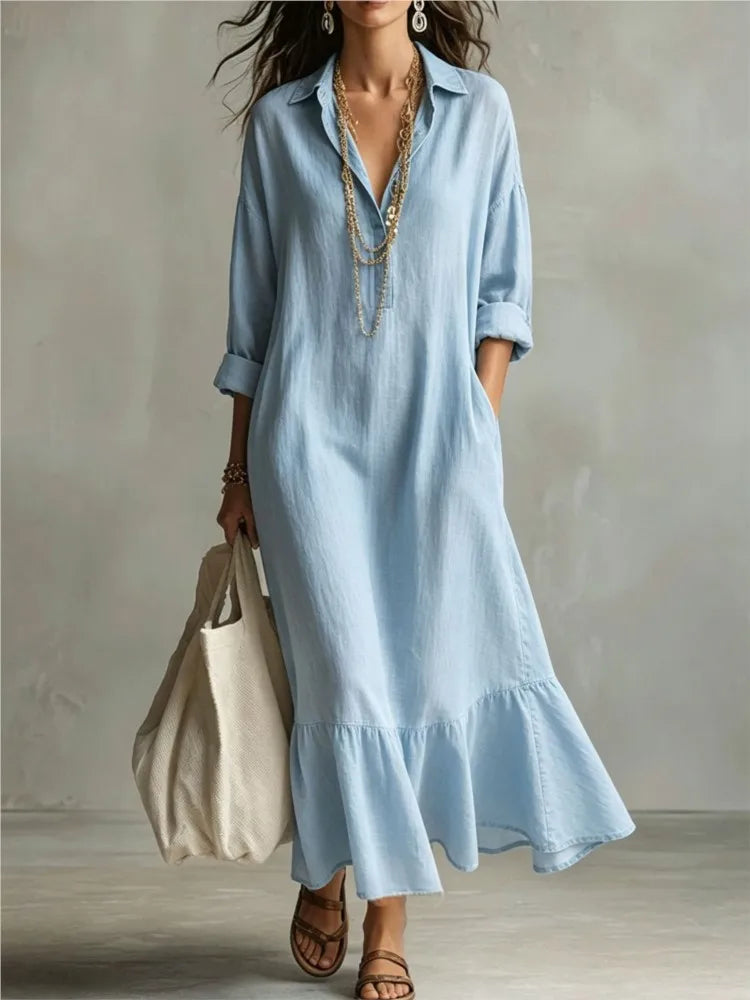Vestido maxi Claire de lino con cuello solapa
