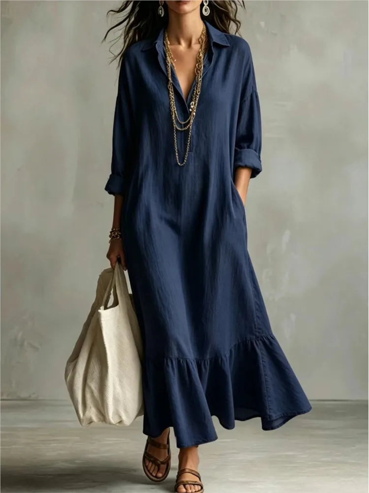 Vestido maxi Claire de lino con cuello solapa