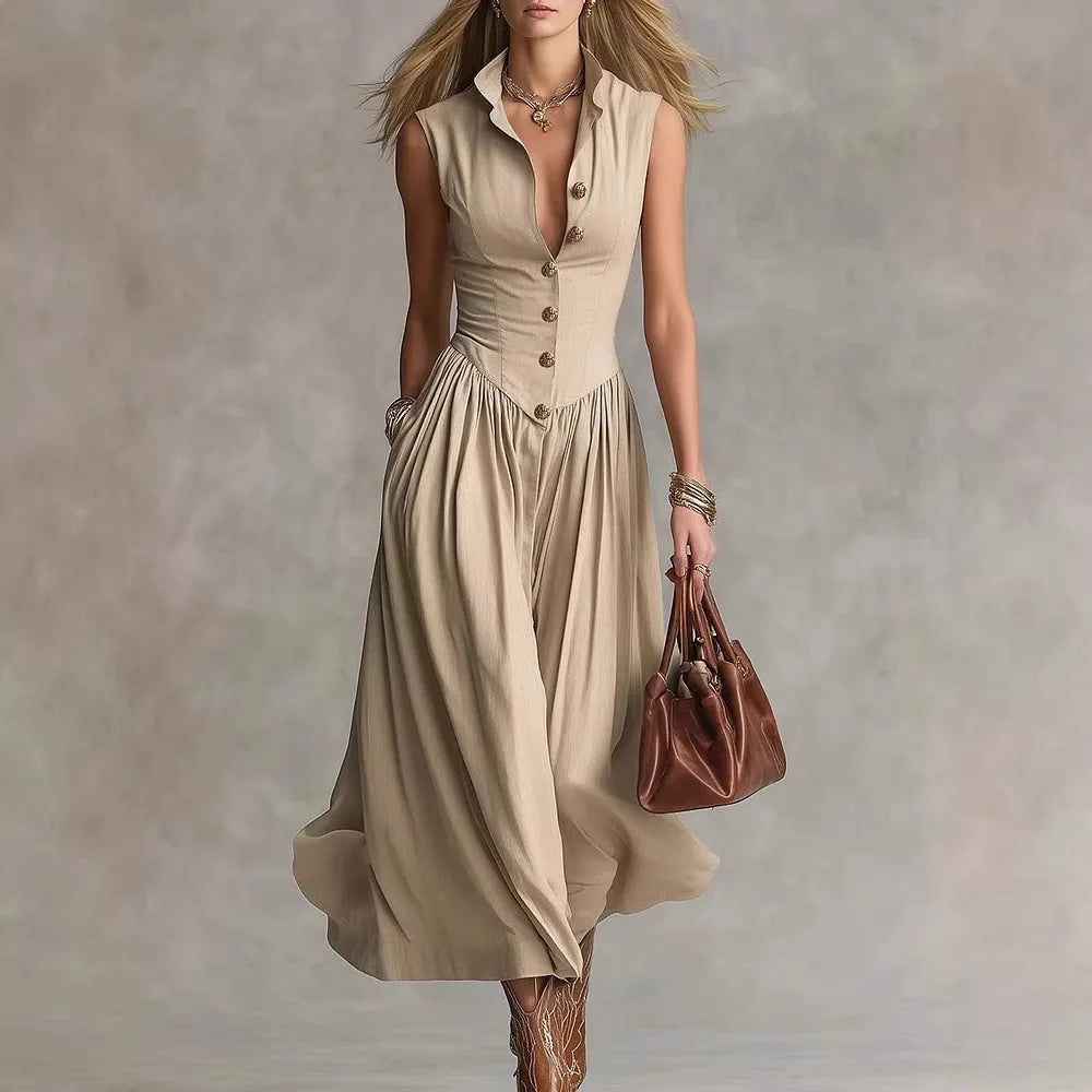 Vestido maxi entallado de lino con botones