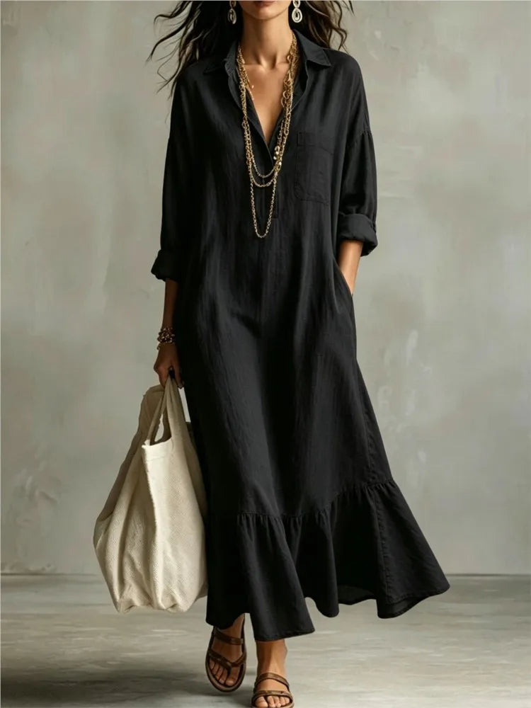 Vestido maxi Claire de lino con cuello solapa