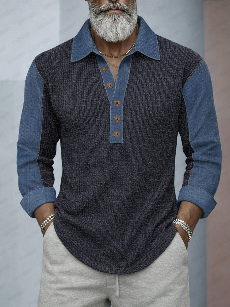 Camisa de punto casual con parches estilo denim