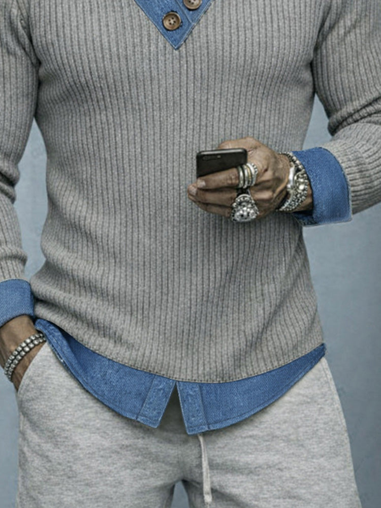 Camisa de punto estilo dos piezas con parches denim