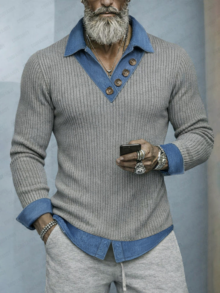 Camisa de punto estilo dos piezas con parches denim
