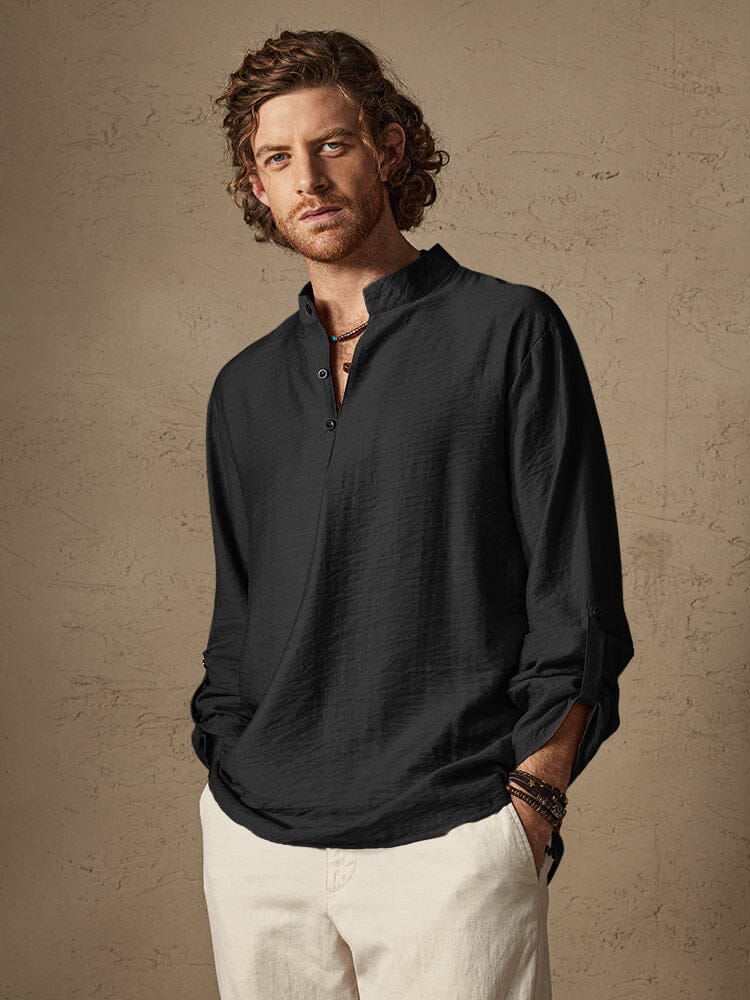 Camisa playera de lino tipo henley de manga larga