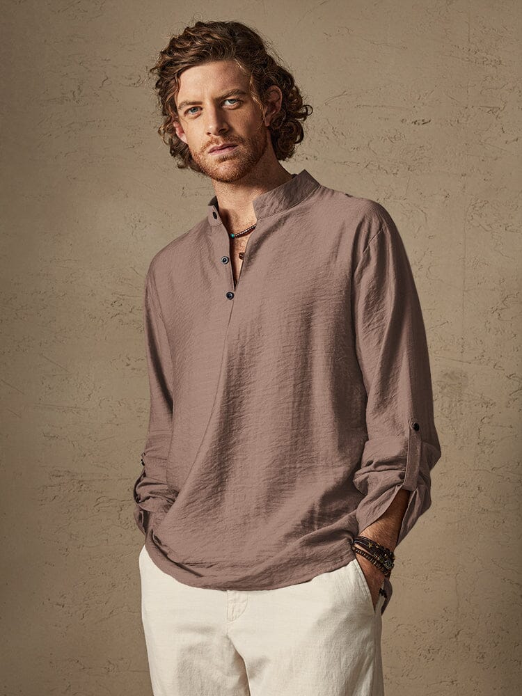 Camisa playera de lino tipo henley de manga larga