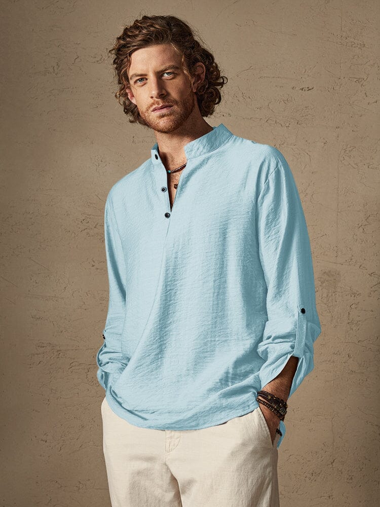 Camisa playera de lino tipo henley de manga larga