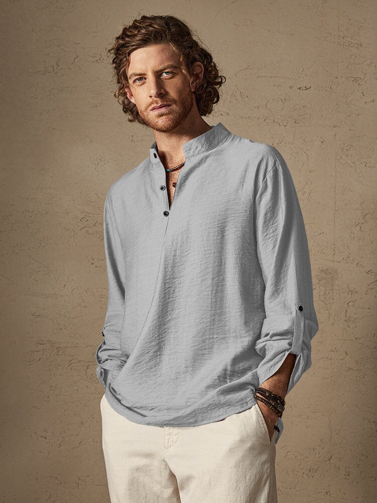 Camisa playera de lino tipo henley de manga larga