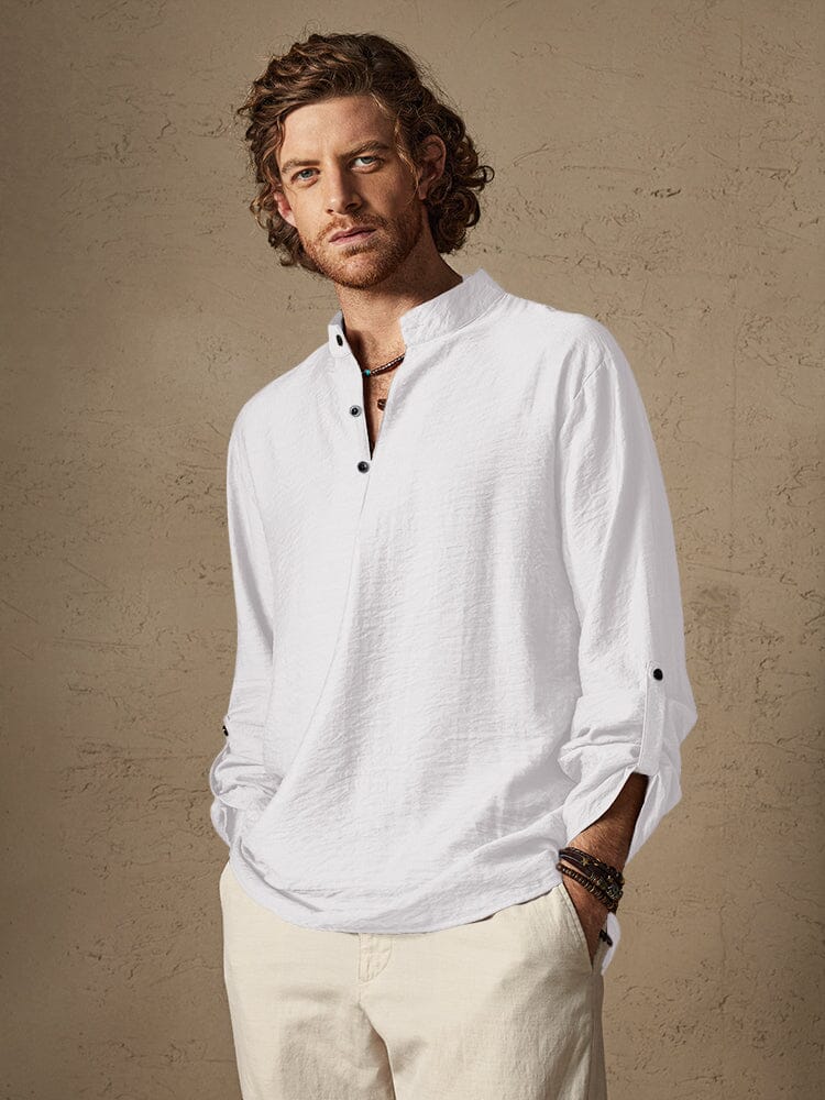Camisa playera de lino tipo henley de manga larga