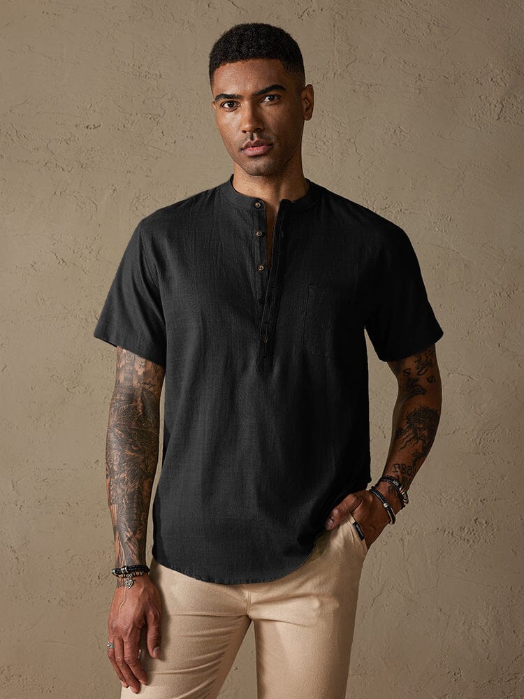 Camisa cómoda de algodón y lino con medio botón