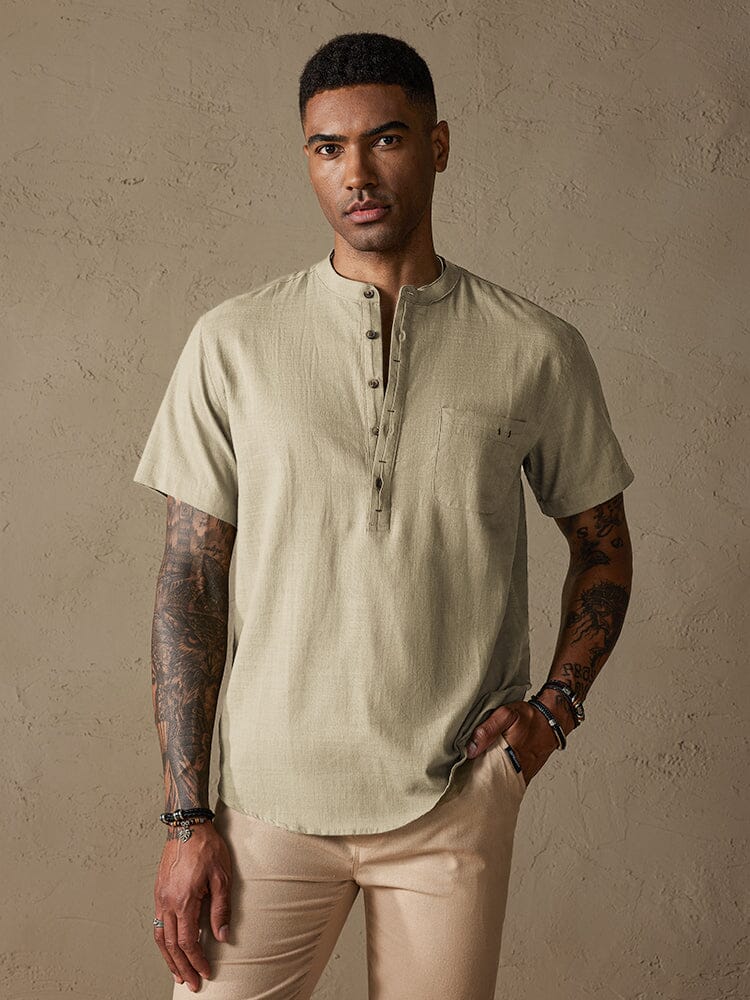 Camisa cómoda de algodón y lino con medio botón