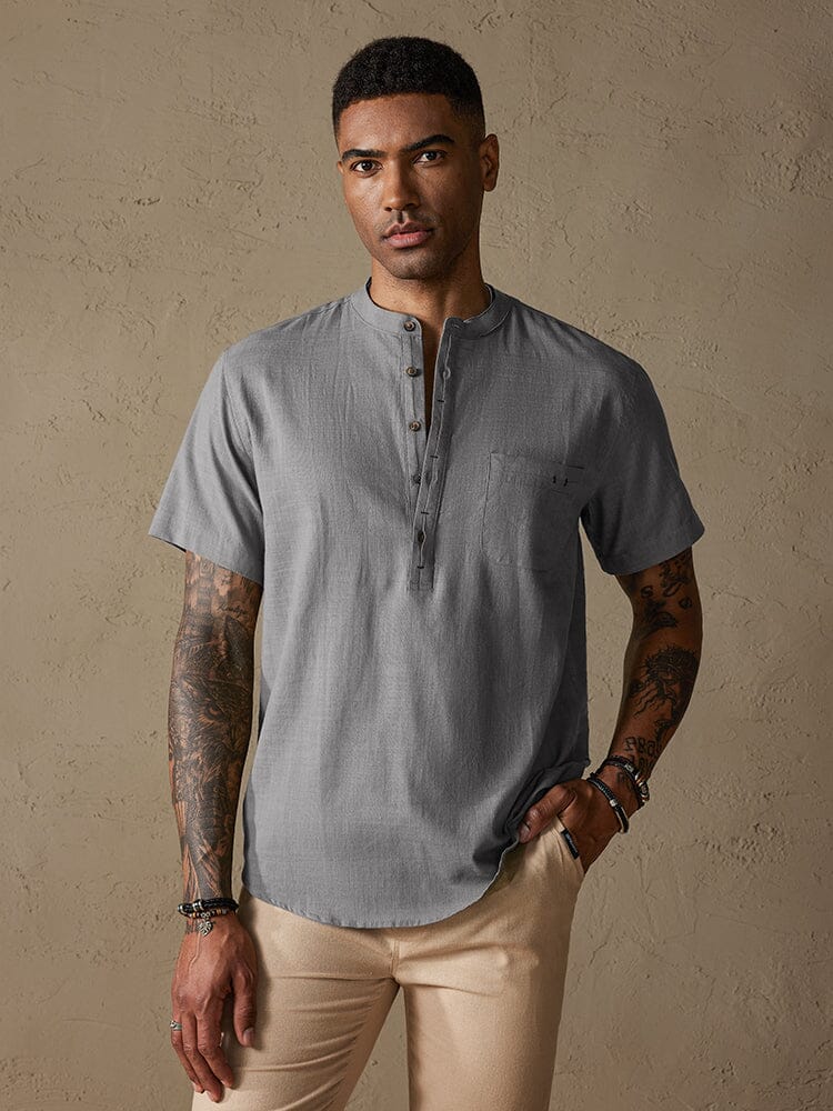 Camisa cómoda de algodón y lino con medio botón