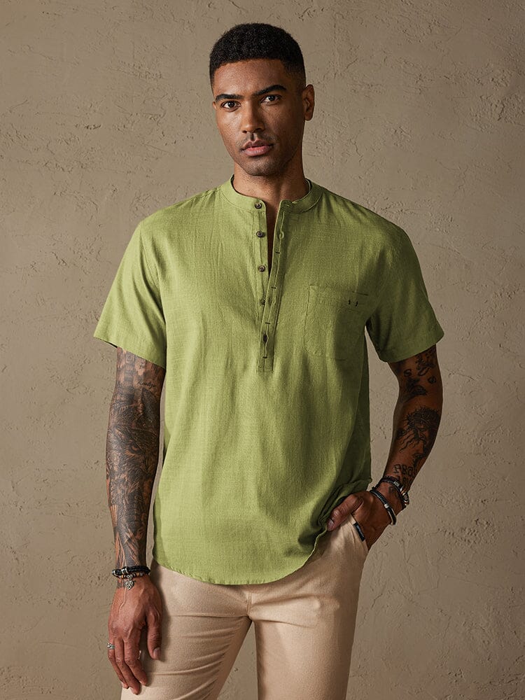 Camisa cómoda de algodón y lino con medio botón