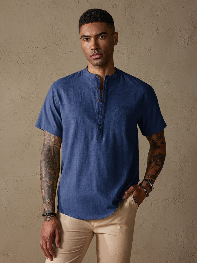 Camisa cómoda de algodón y lino con medio botón