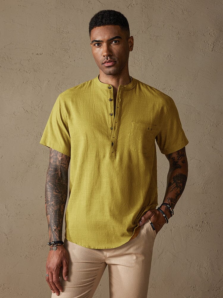 Camisa cómoda de algodón y lino con medio botón