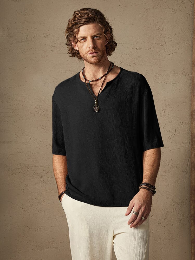 Camisa cómoda de algodón y lino en color liso