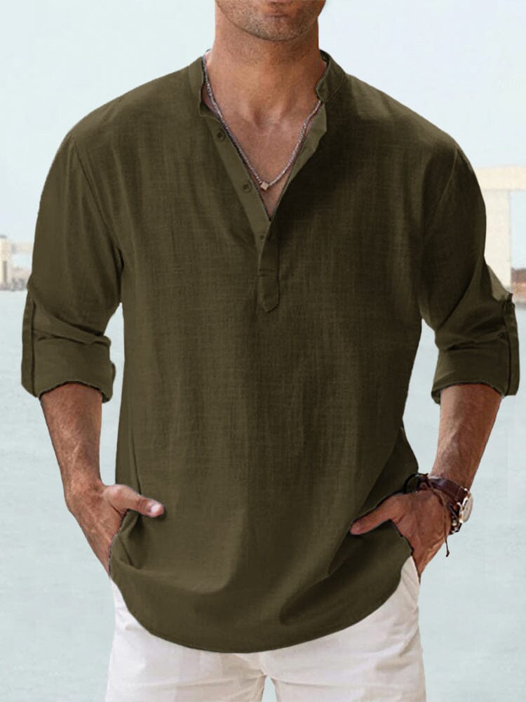 Camisa casual de algodón y lino de manga larga